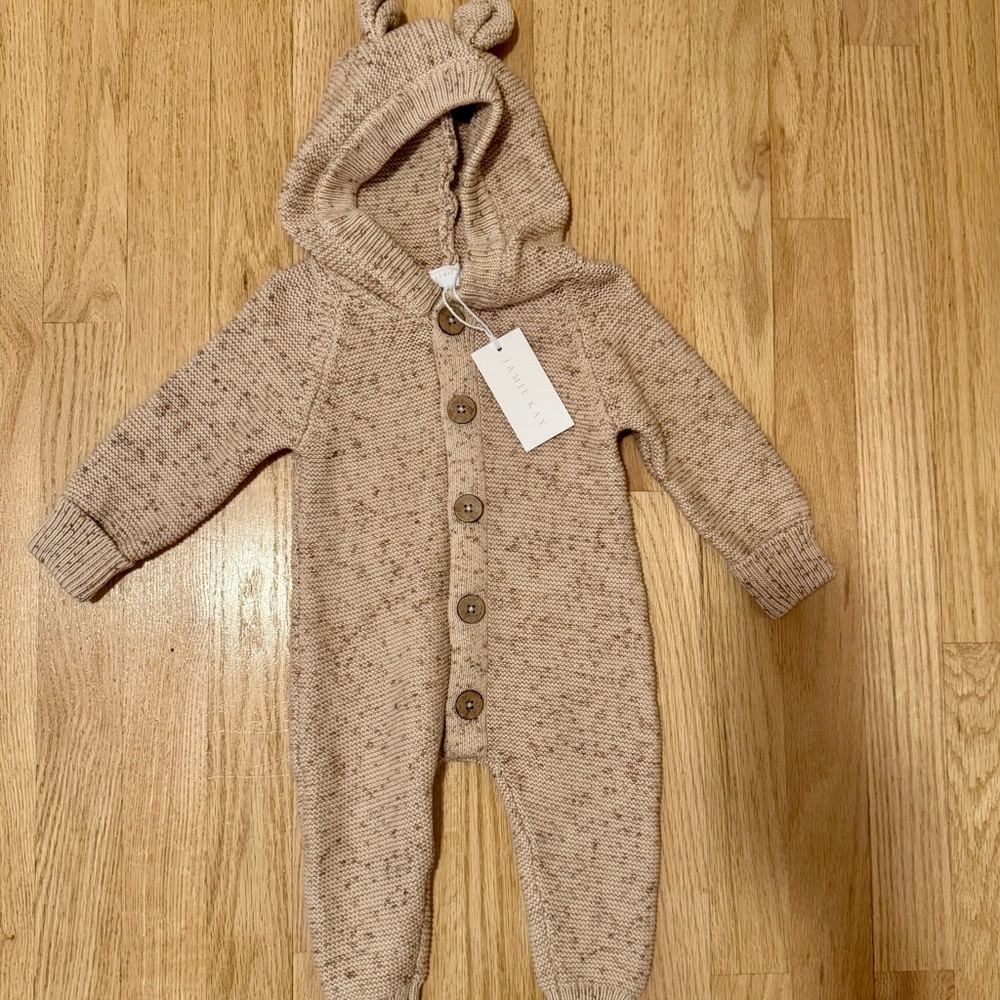 Jamie Kay Knit Hooded Footie in Beige Speckle